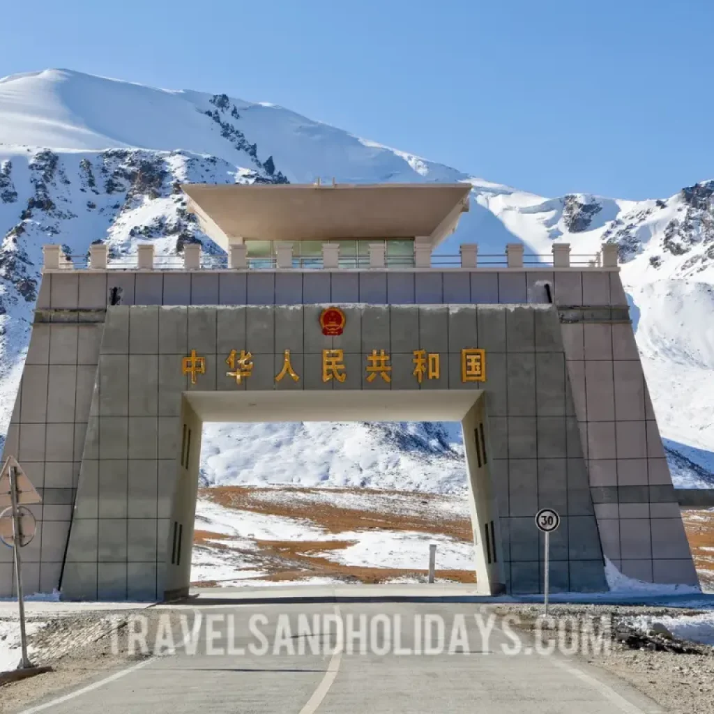 Border gate marking the entrance to China at the Khunjerab Pass, Pakistan.